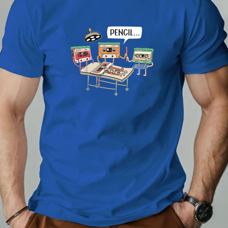 Men's Summer Casual Crew Neck Short Sleeve T-Shirt with Tape Pattern.