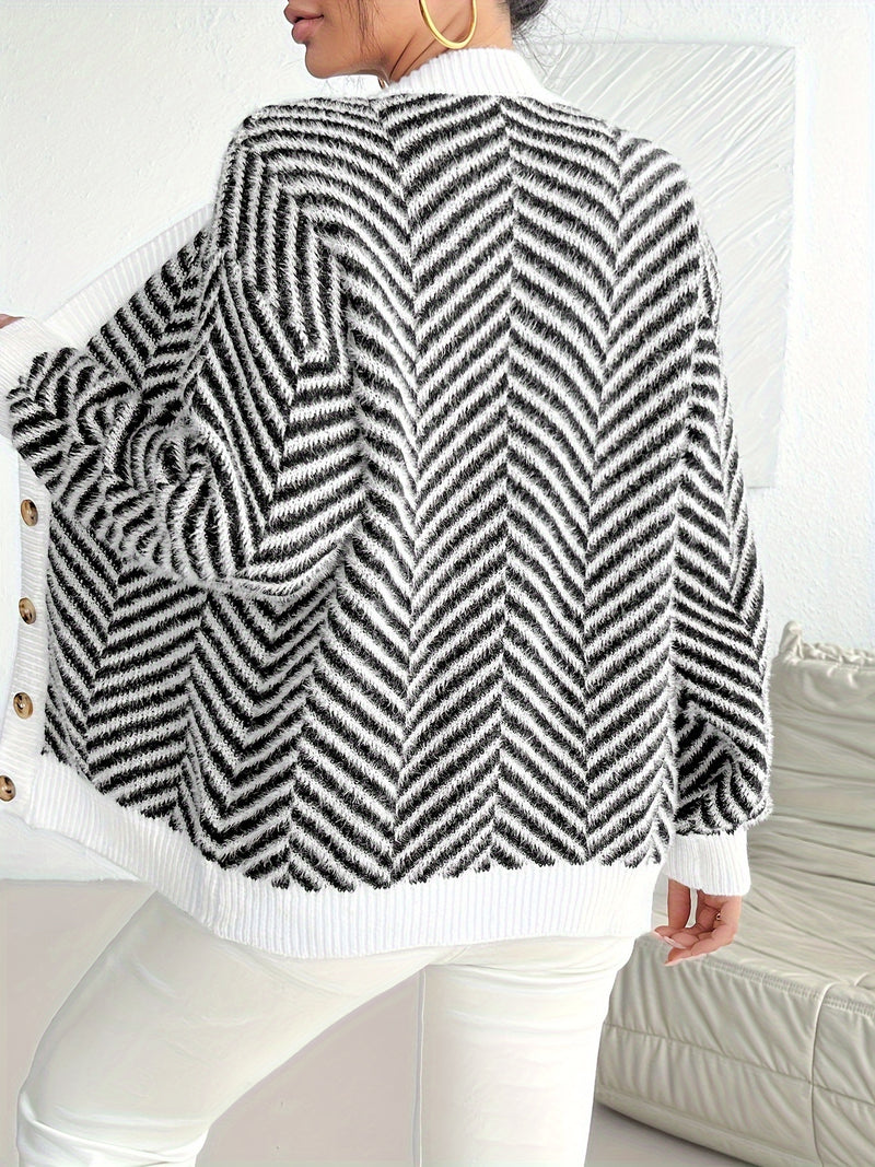 Women's Winter Blouse - Zebra Stripe Collar, V-Neck Button Front Design.