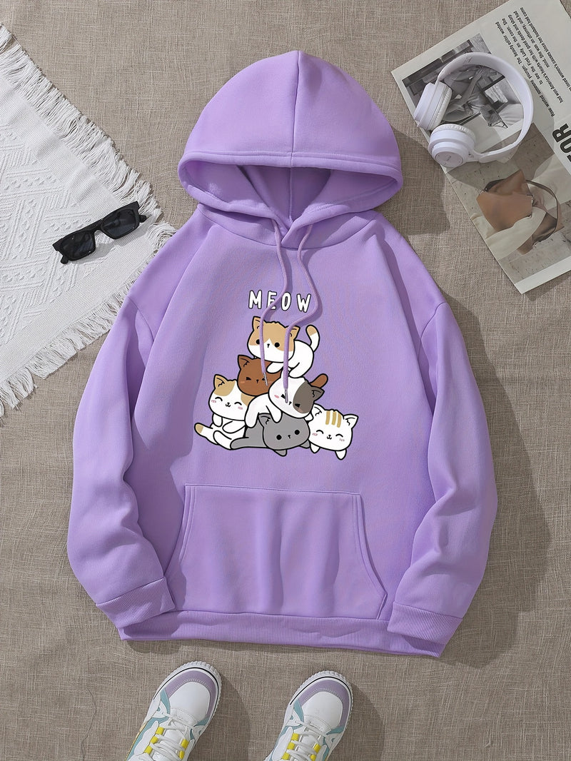 Fashion Hoodie for Women Featuring a Cartoon Cat Letter Print Design.