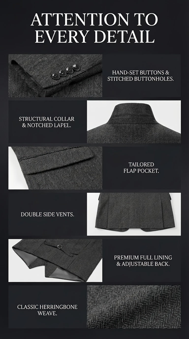 Men's Three-Piece Suit Made of Blended Herringbone Fabric.