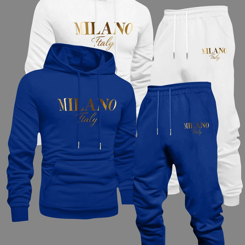 Men's Fashion Slogan Hoodie Four-Piece Set with Drawstring Elastic.