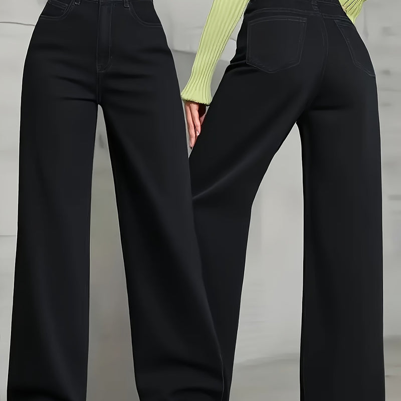 Ladies' Black Wide-leg Pants, Elastic Belt and Slanted Pockets.