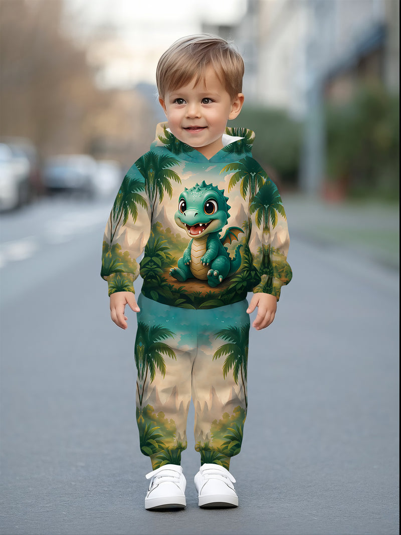 2pcs Boys Dinosaur & Palm Tree Print Hooded Sweatsuit.