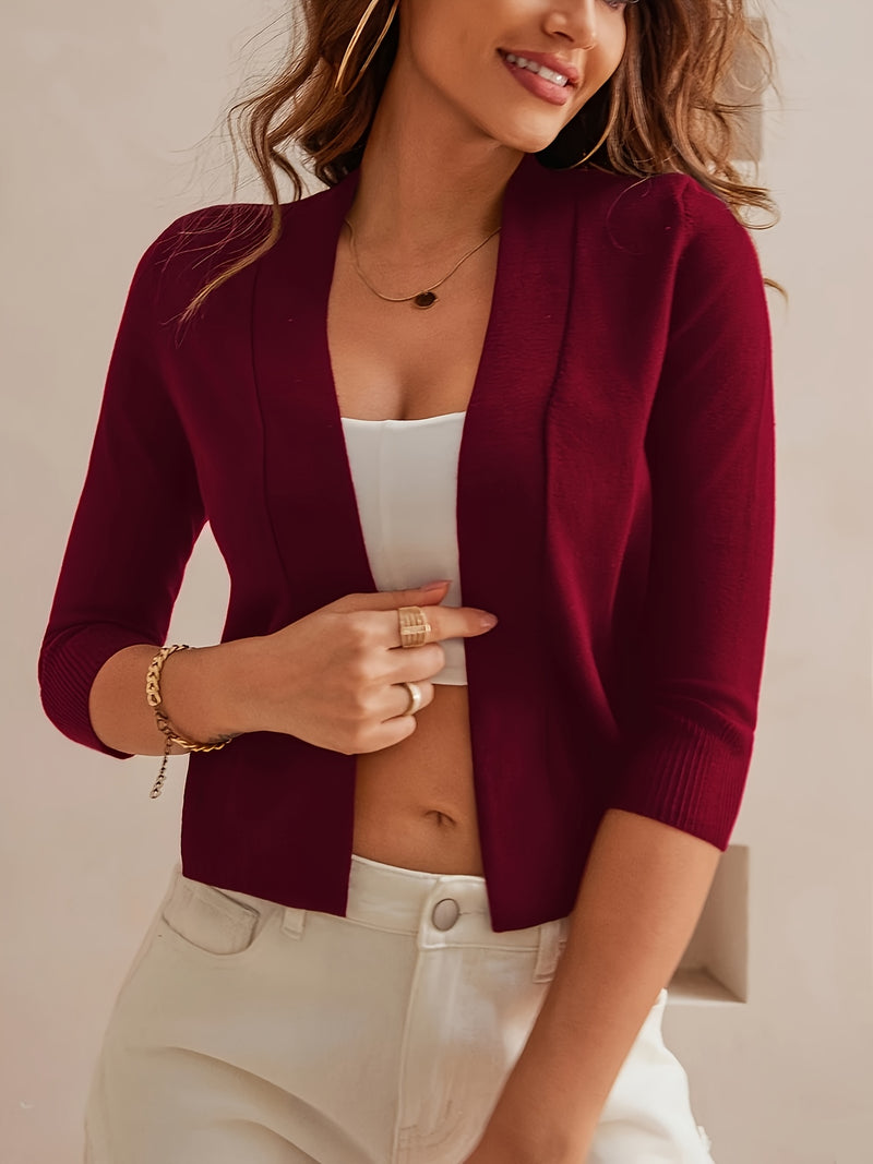 Solid Color Open Front Knit Cardigan, Casual 3/4 Sleeve Top.