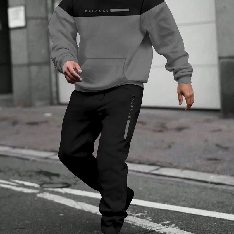 Men's Autumn And Winter Letter Print Spliced Drawstring Hoodie Sports.