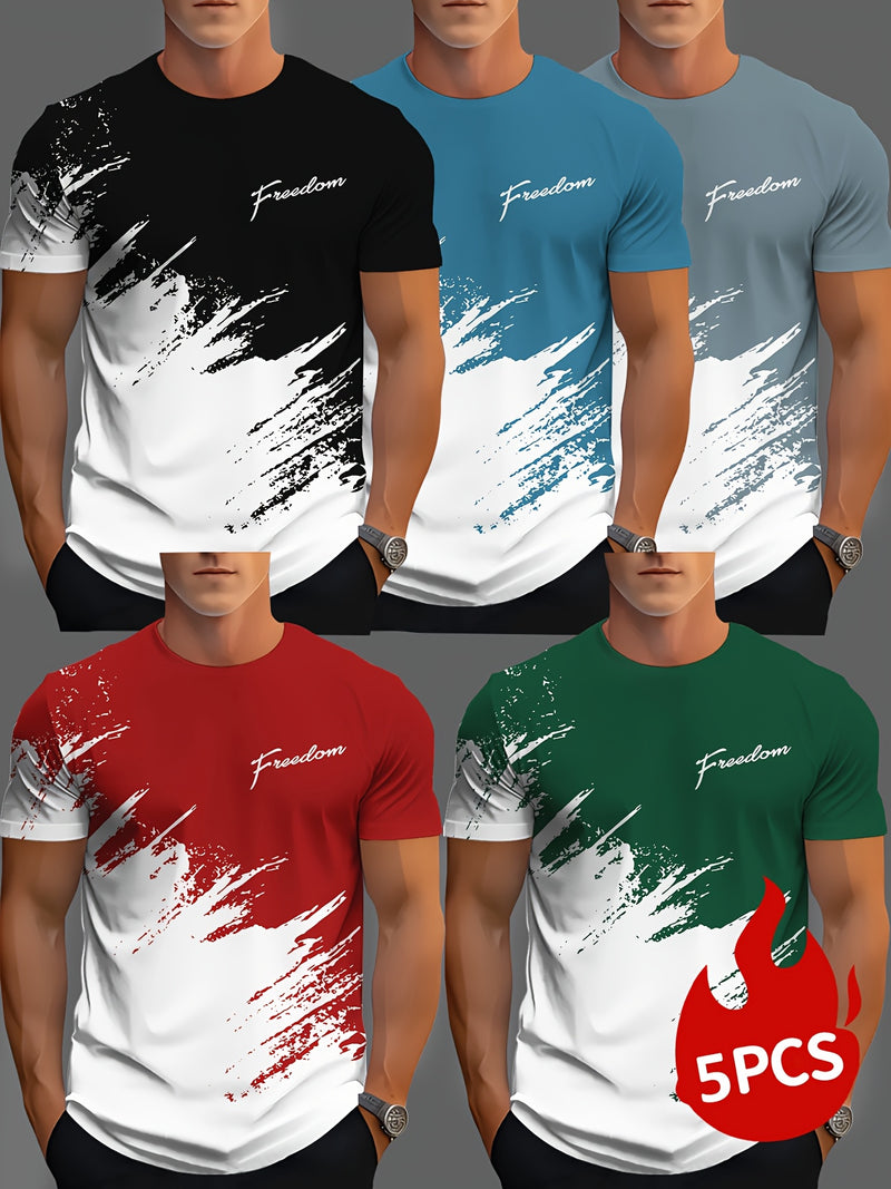 Men's 5pcs Letter Print Crew Neck Fashion Short Sleeve Sports T-Shirts.