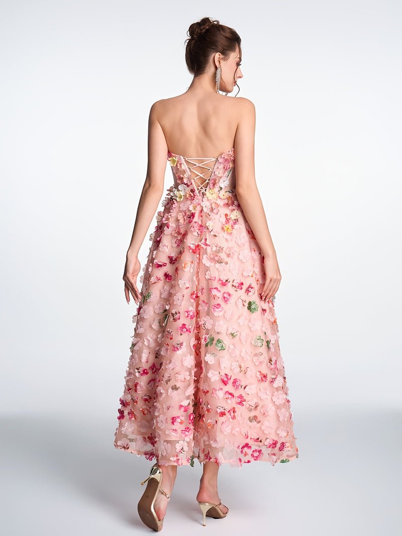 Women's Strapless 3D Floral Embellished Pink Tulle A-Line Midi Gown.
