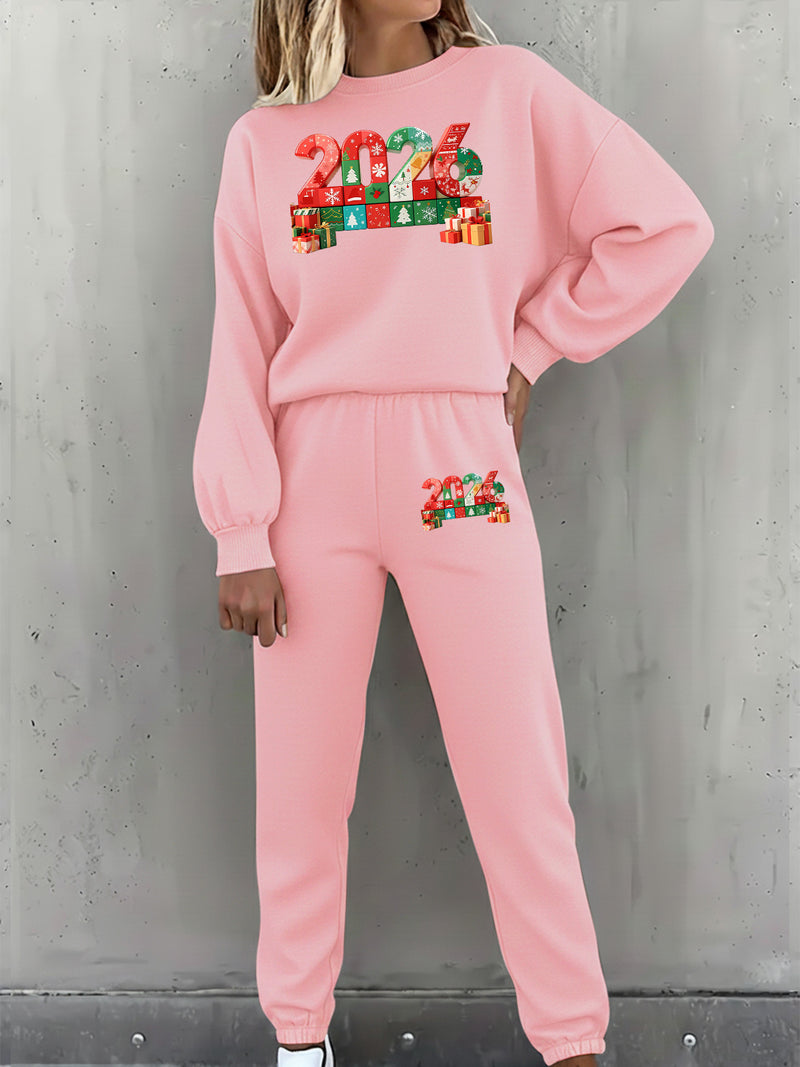 Women's Pullover Round Neck Sweatshirt And Tapered Pants Two-Piece Set.