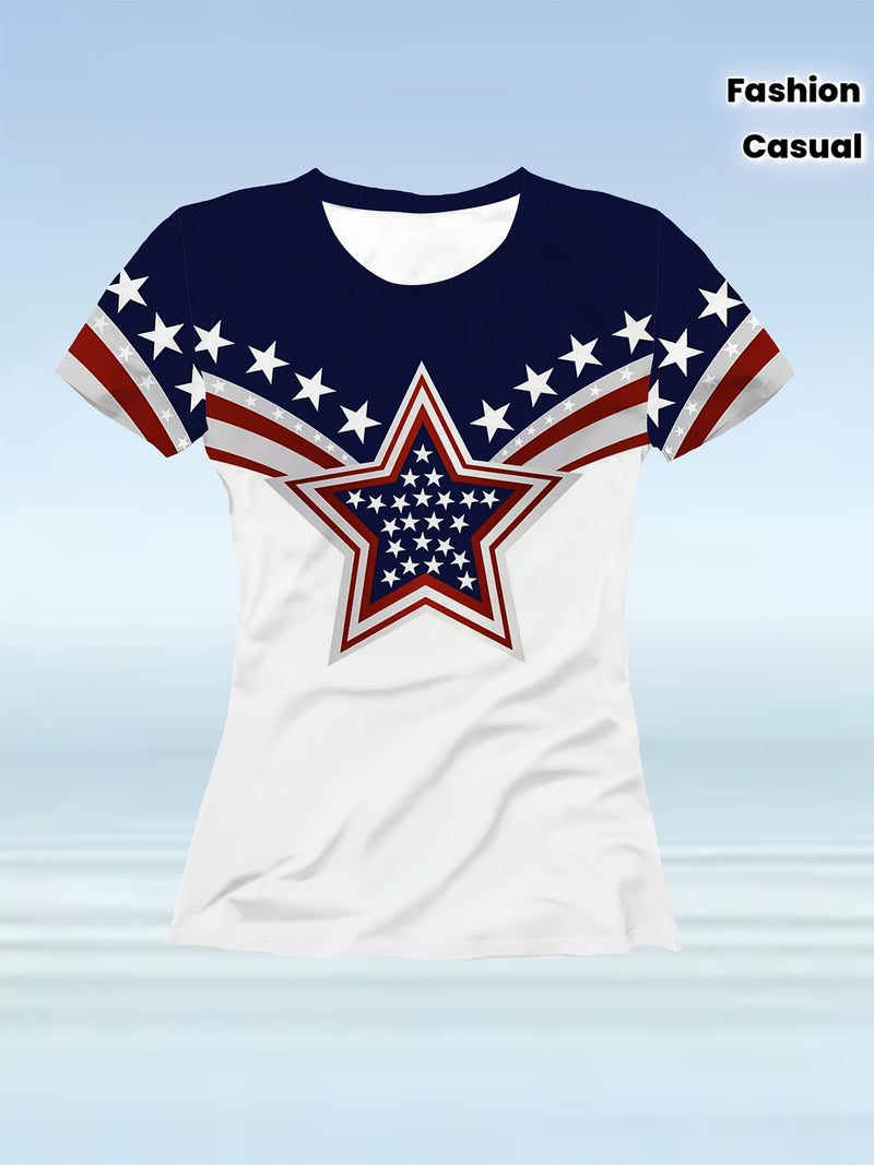 Casual Fashion Five-Pointed Star Digital Print Women's T-Shirt.