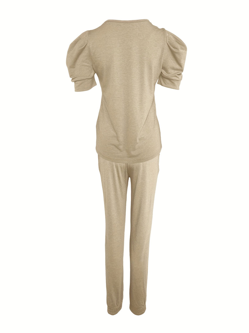 2pcs Women’s Round Neck Puff Sleeve Top with Pants.