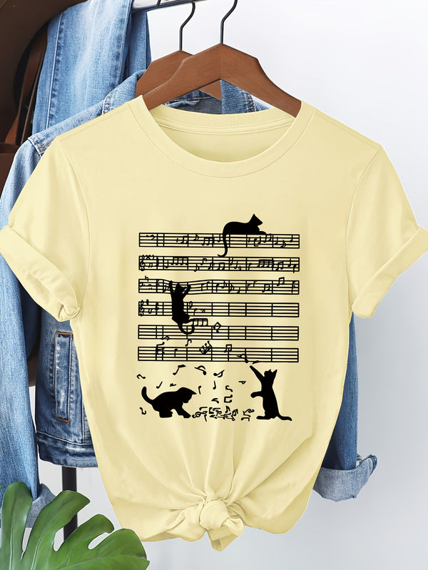 Women's Casual Short Sleeve T-Shirt with Music Note & Cat Print.
