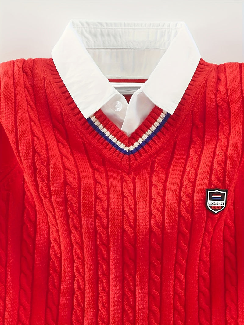 Boys' Red & Striped V-Neck Sweater.