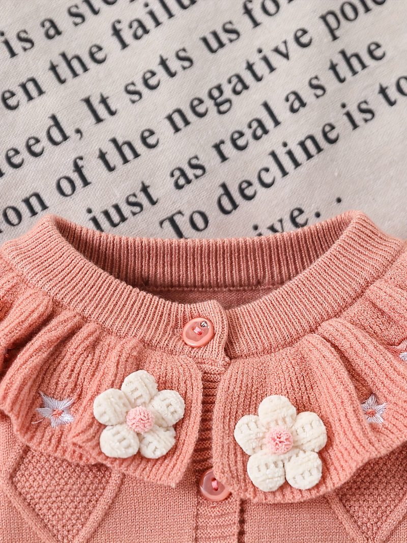 Infant Baby Girl Ruffle Collar White Floral Embroidery Cardigan.