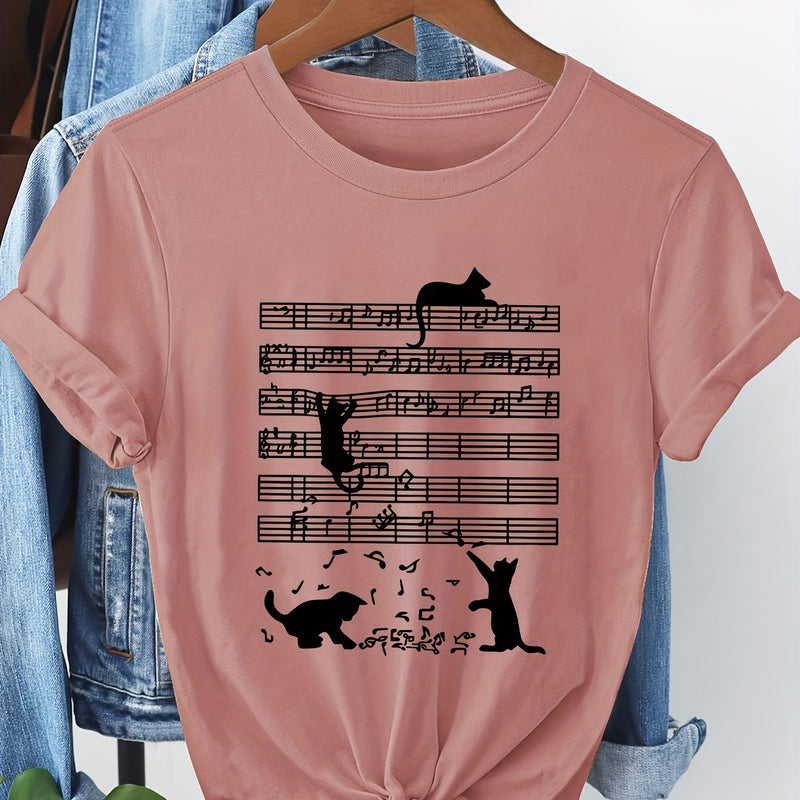 Women's Casual Short Sleeve T-Shirt with Music Note & Cat Print.