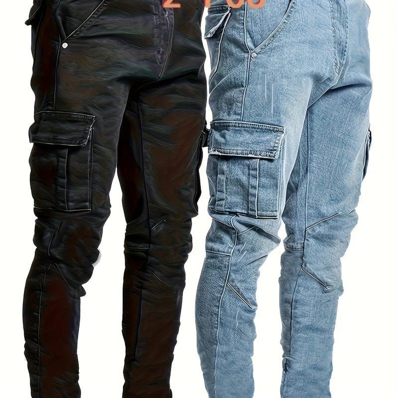 2pcs Men's Skinny Jeans Multi-pocket mid-waist stretch denim.