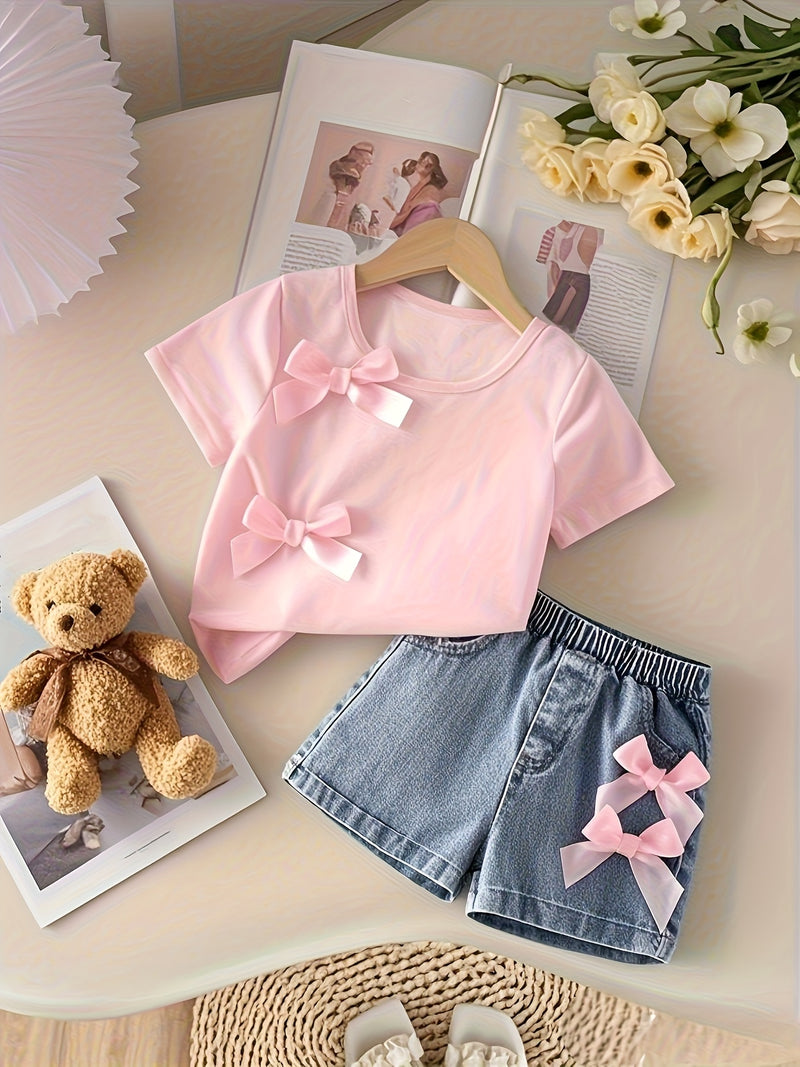 Pink T-Shirt + Denim Shorts Set, 2pcs Girls' Denim Outfit with Bow Design.