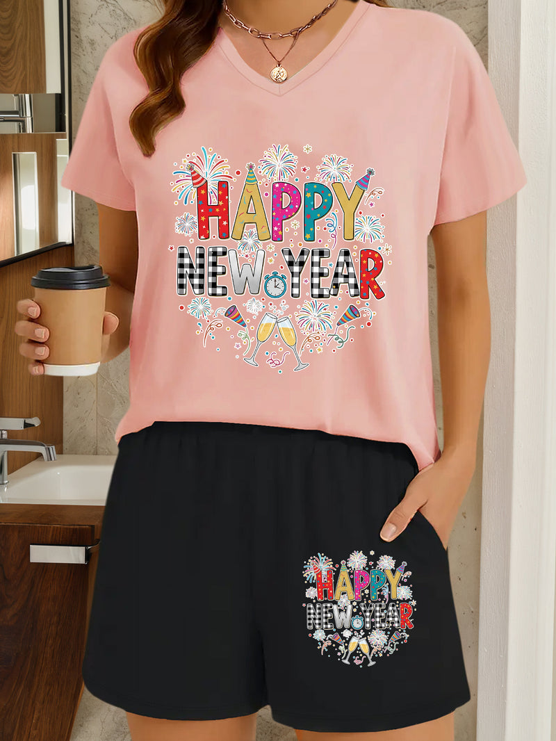 2pcs Women's Y2K Elegant V-Neck Short-Sleeve Blouse & Matching Shorts.