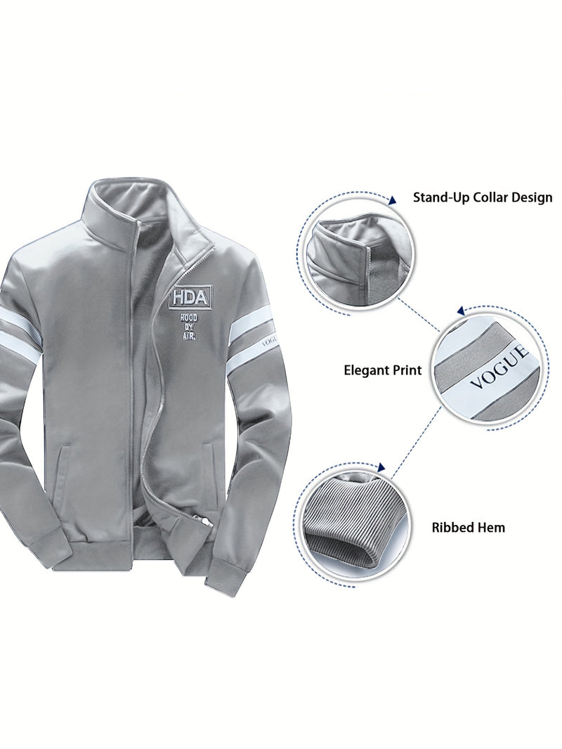 Men's Tracksuits 2pcs Set - Stand Collar Ribbed Hem Sportswear.