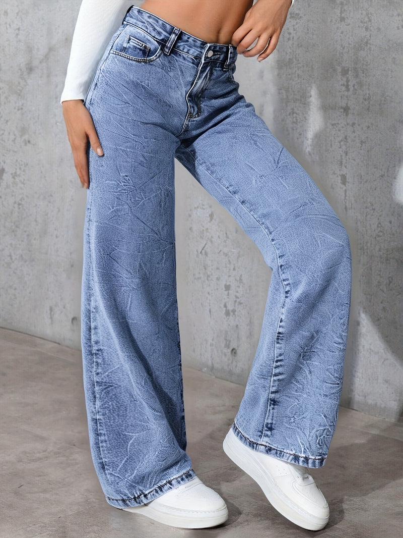 Women's High-Waisted Simple Versatile Distressed Wide Leg Jeans.