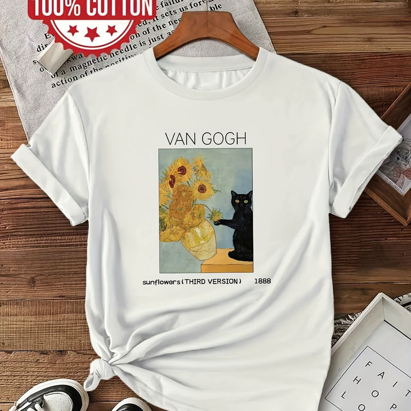 Women's Van Gogh Sunflowers & Black Cat Art Print T-Shirt.