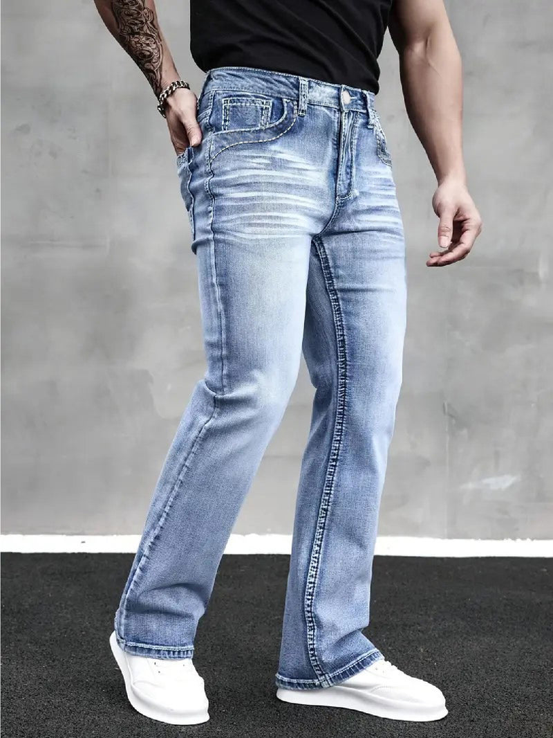 Men's Stretch Simple Straight-Leg Jeans in Light Blue.