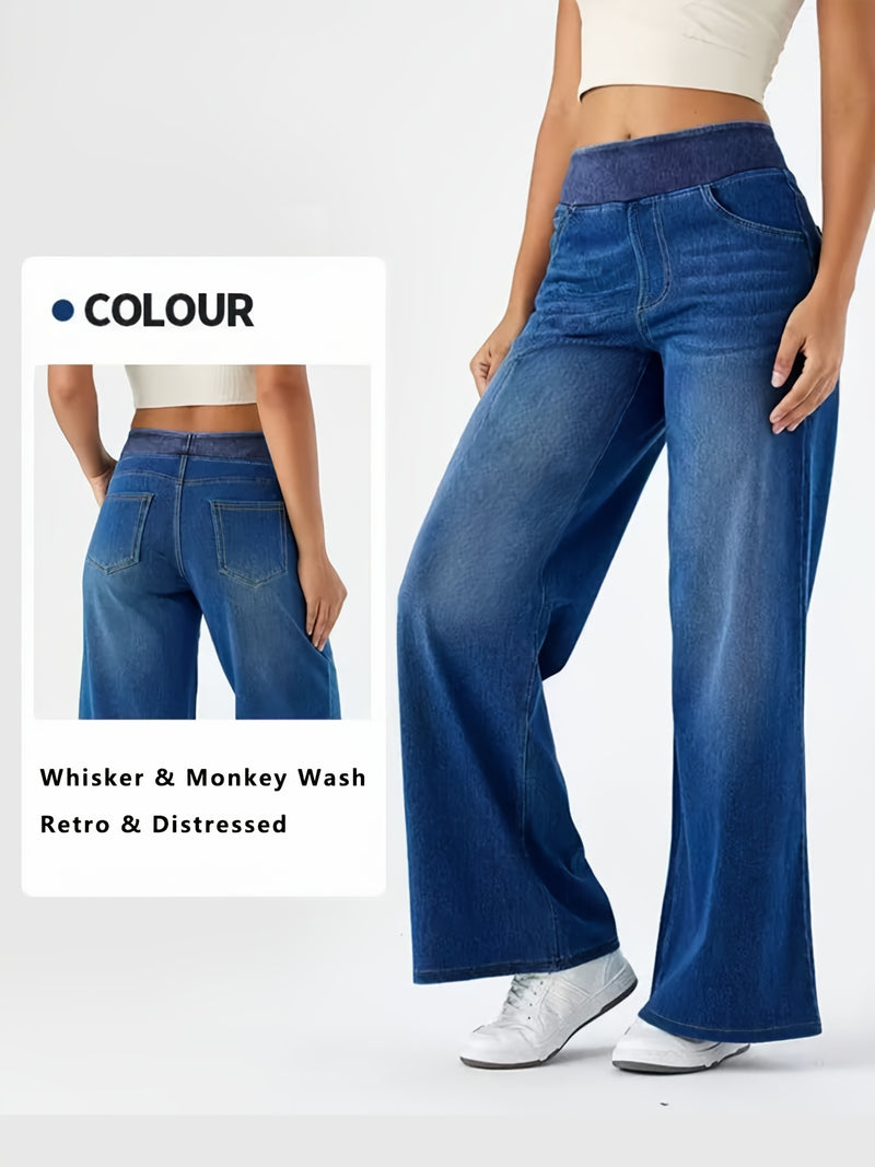 Women's Elastic Waist High-Waisted Wide-Leg Jeans.
