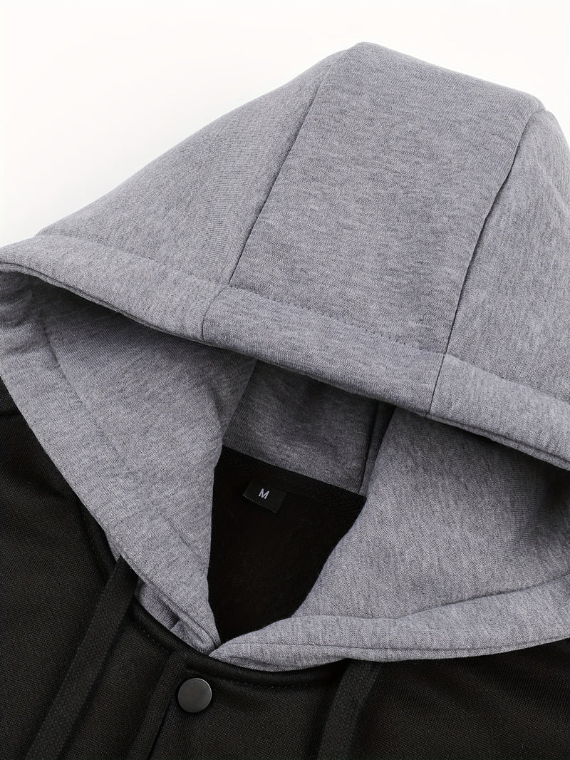 Men's Color Blocking Letters Pattern Hooded Baseball Jacket, Casual Stylish Outdoor.