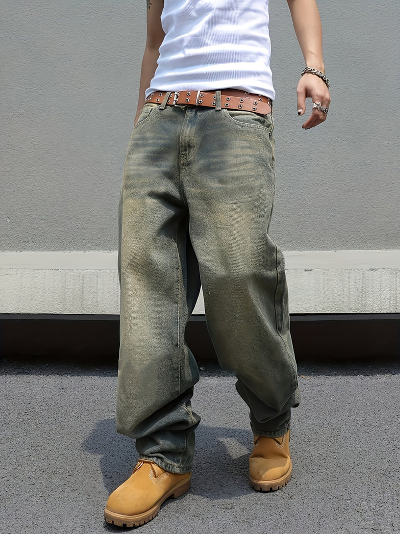 Men's Black Wide-Leg Loose-Fitting Jeans That Drag on The Ground.