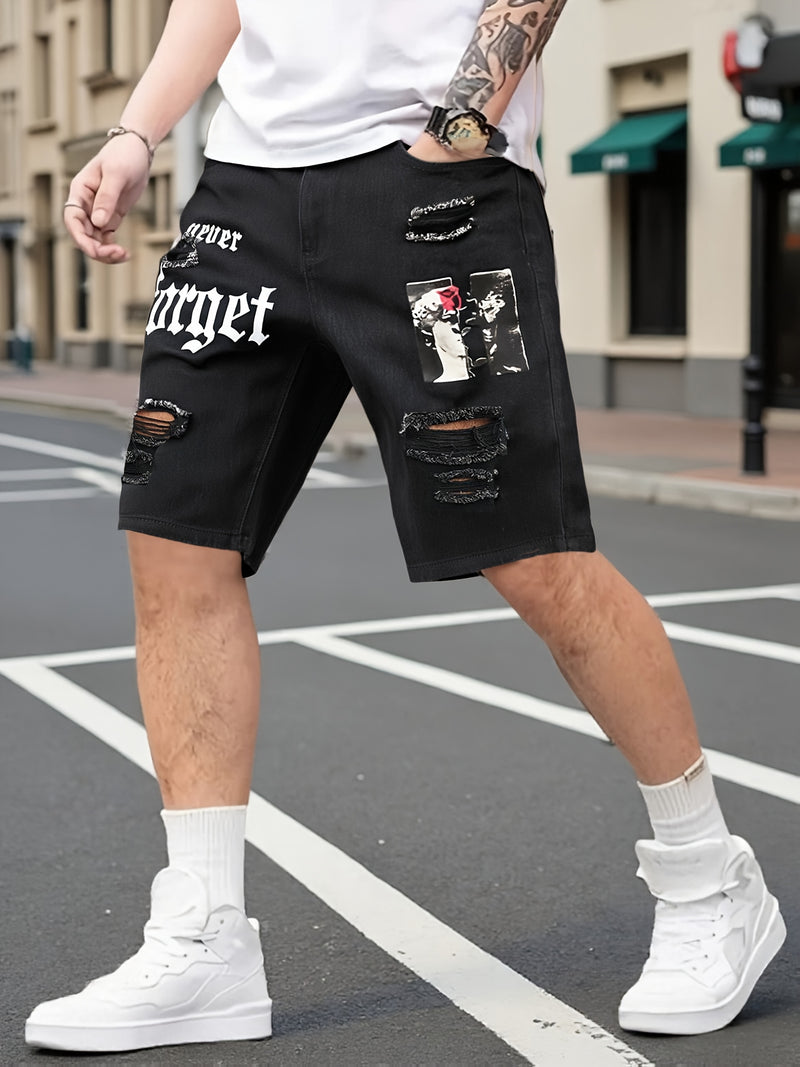 Men's Denim Shorts, Light Blue, Perforated Design, Printed, Loose Fit, Non Stretchy.