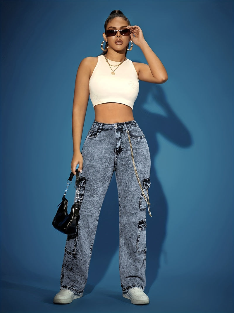 Women's High-Waisted Stretch Denim Cargo Pants.