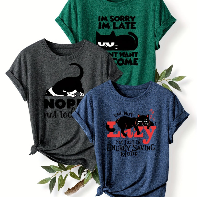 3pcs Women’s Featuring a Round-Neck Short-Sleeve T-Shirt.