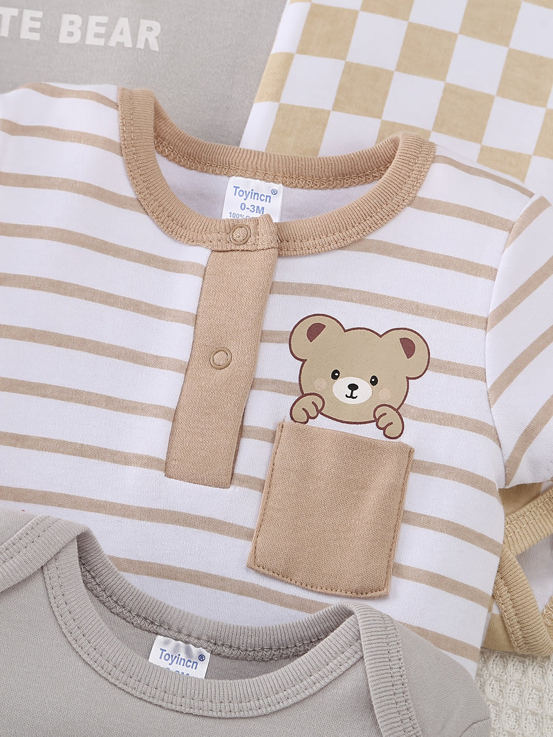 10pcs Boys' Onesies Set - Short Sleeve Snap-Fit Rompers with Bear & Animal Print.