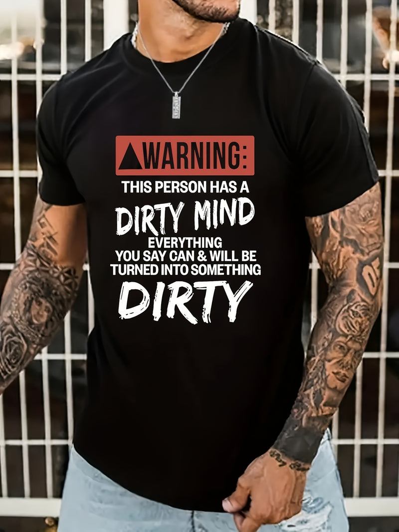 Men's Letter Graphic T-Shirt - Black with Bold White And Red Warning Prints.