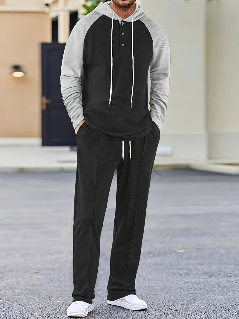 Men's Waffle 2pcs Hooded Sweatshirt Set Top Color Block.