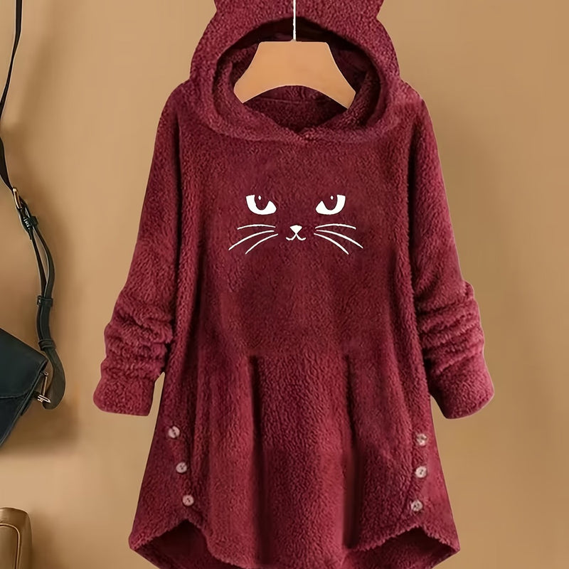 Women's Fashion Fluffy Embroidered Cat Ear Casual Hoodie.