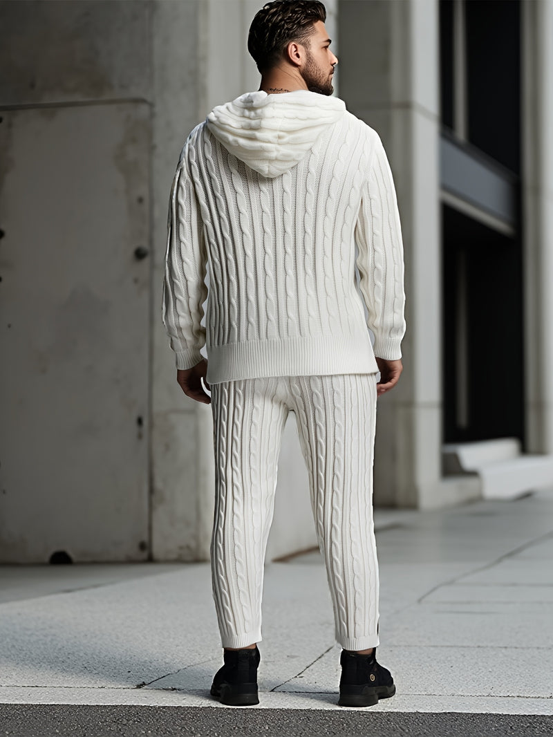 Men's Practical Work Set, Hooded Knit Set, Classic Cable Knit Craft.