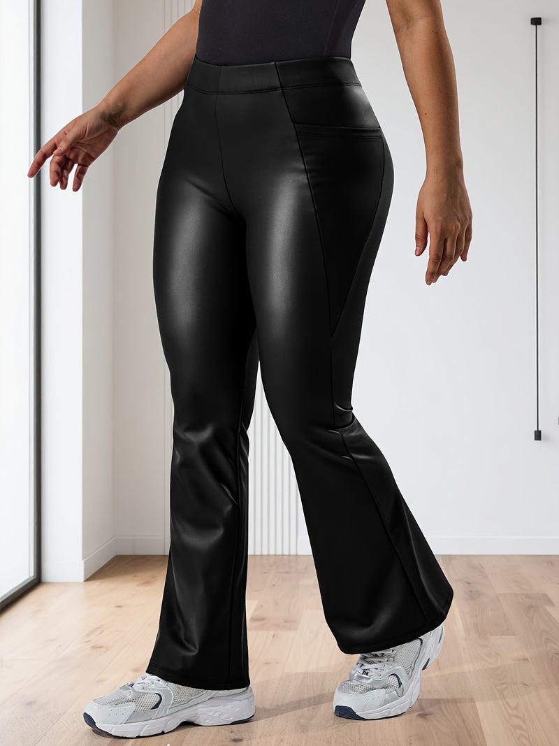 Women's Plus-Size Fleece-Lined Faux Leather Flared Pants.