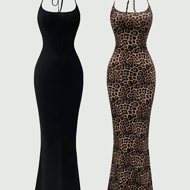 Women's Two-Piece Outfit Featuring a Leopard Print Mermaid Hem.