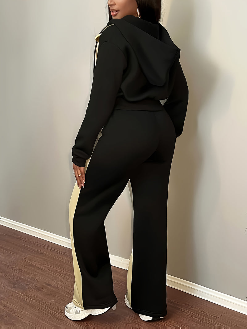 Women’s Fashion Color Block Hooded Sweatshirt and Pants Set.