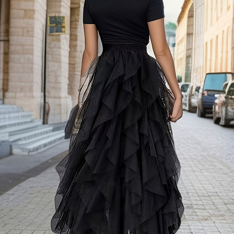 Women’s Irregular High-Waisted A-Line Tulle Skirt, Layered Tulle Skirt.
