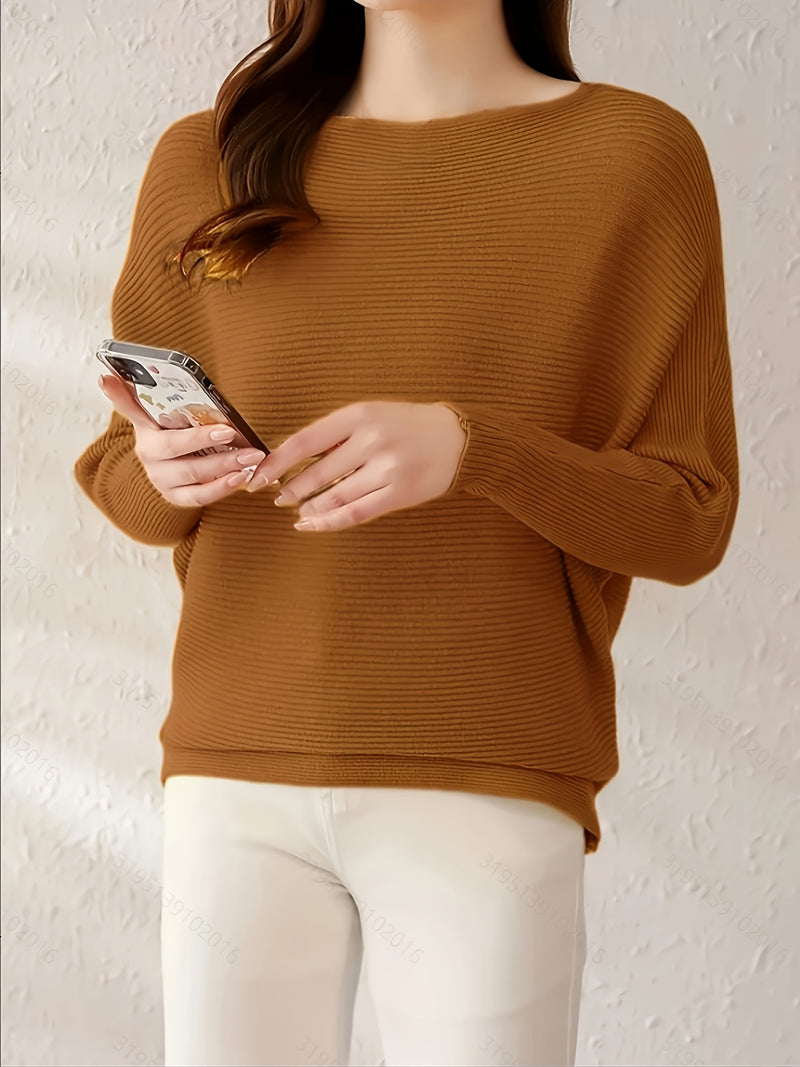 Women's Loose Batwing Sleeve Sweater, Casual Elegant Long Sleeve Top.