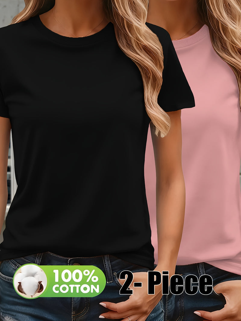 Women’s Fashion Solid Color Short Sleeve T-Shirt Two-Pack.