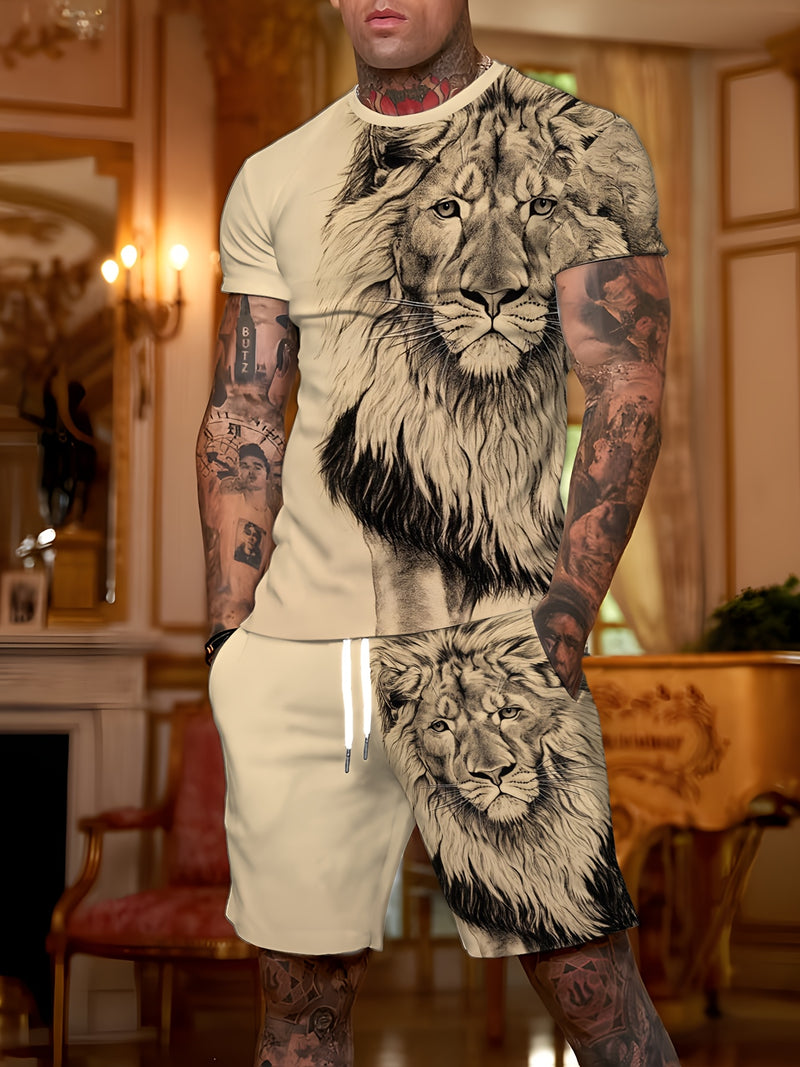 Men's Casual Summer Fitness Outfit, Featuring a Lion Graphic T-Shirt.