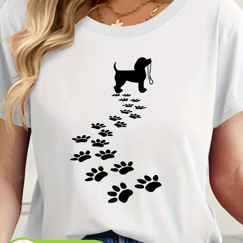 Women's Casual Short Sleeve T-Shirt with Dog Silhouette & Paw Print Graphic.