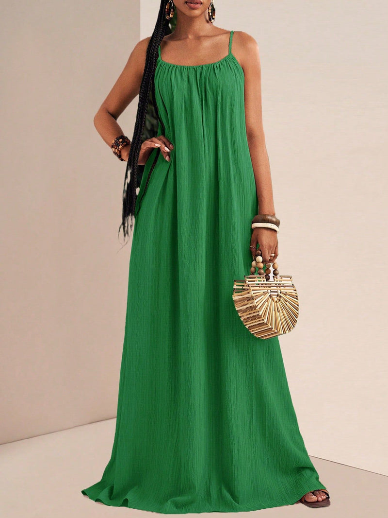New Arrival Women's Elegant Solid Color Camisole Flared Maxi Dress.