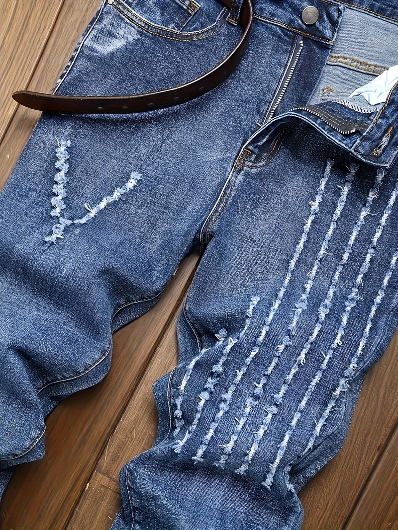 Blue Men's Slim Fit Fashion Multi-Technique Stretch Jeans.