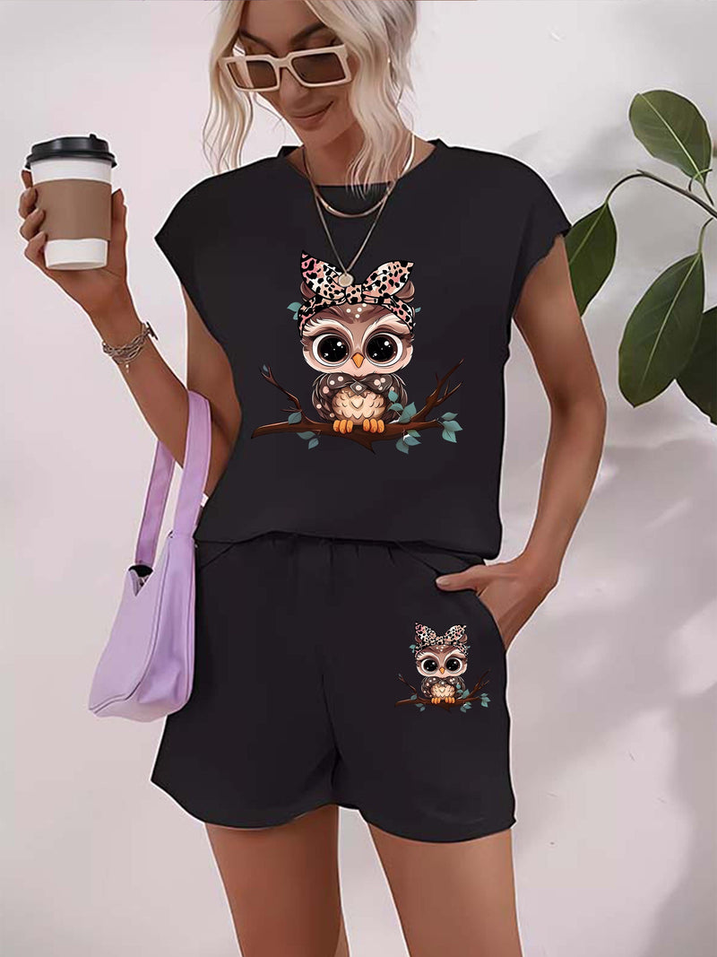 Women’s Graphic Print Two Piece Set, Short Sleeve T-shirt & Shorts.