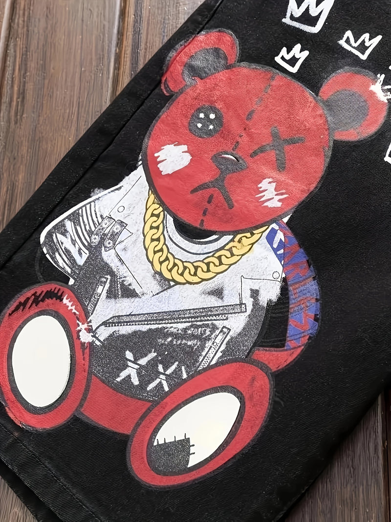 New Retro European and American Style Red Bear Print Ripped Jeans.