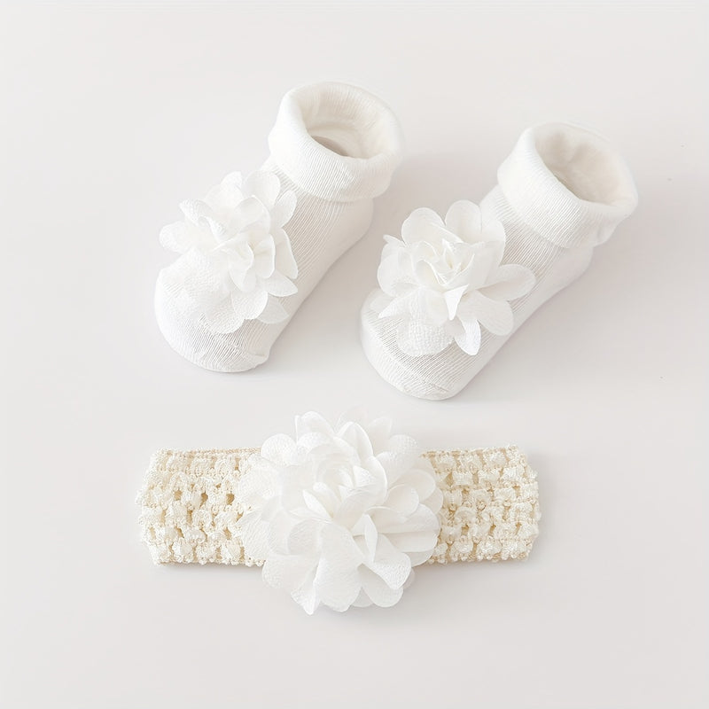 A Set of 1 Pair of Baby Flower Socks Along with a Baby Mesh Headband.