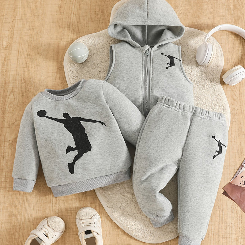 Boys 3pcs Set - Sporty Boy Graphic Hoodie, Long-Sleeve Sweatshirt.